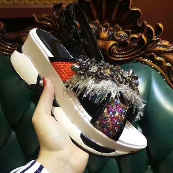 

dress shoes tassel embellished woman gladiator slingback buckle design women sequined cloth lady sandals platform sandalias mujer, Black