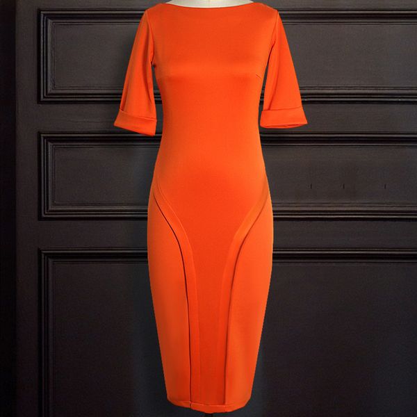 

round neck orange middle sleeve solid robe bodycon dress elegant women vacation party cocktail dress vestidos, Black