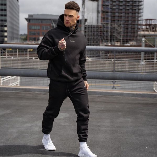 

new men sports suit tracksuit fashion running men sportswear two piece sets cotton hoodies+pants sporting suit male hoodies, Black