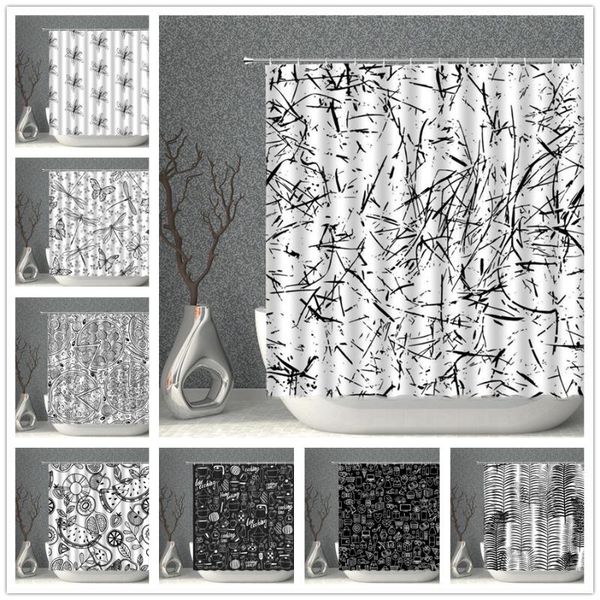 

shower curtains cartoon white curtain waterproof black print bath set polyester fabric bathroom screen multi-size bathtub decor