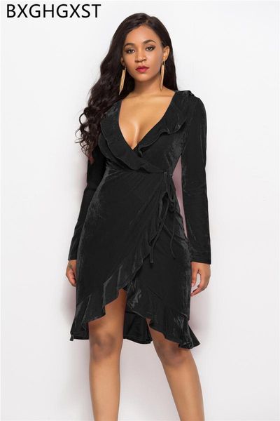

ruffle club dress velvet elegant long sleeve 2021 v neck dresses woman party night vestido vintage vestidos plus size casual, Black;gray