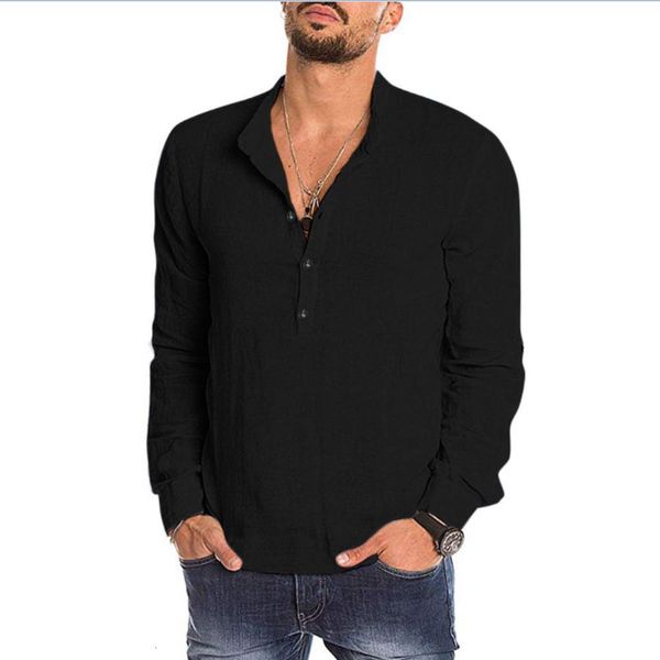 

fashion men shirt solid color cotton linen buttons stand collar shirts long sleeve pullover shirt comfortable top, White;black