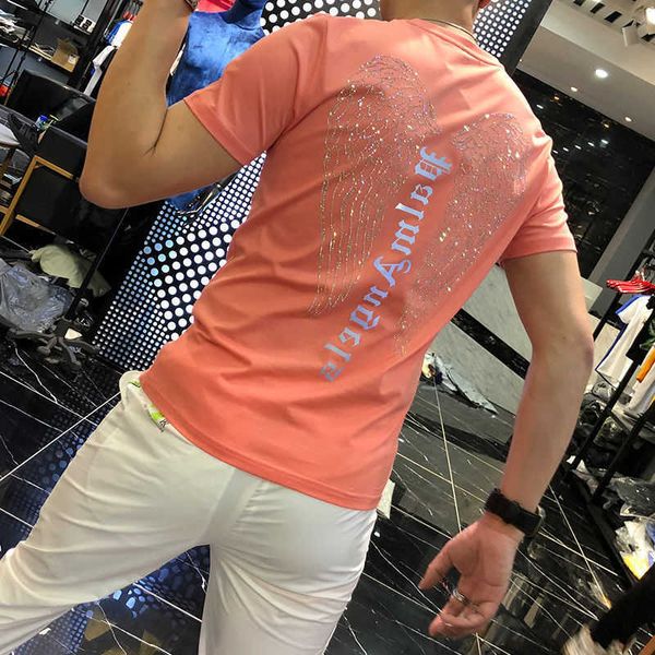 

w0553 summer men's fashion short sleeve t-shirt men's diamond print slim and handsome round neck top, White;black