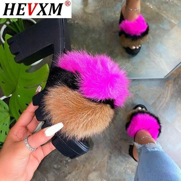 

sandals 2021 summer women high heels plush fur slippers vintage peep toe square heel wedges shoes for, Black