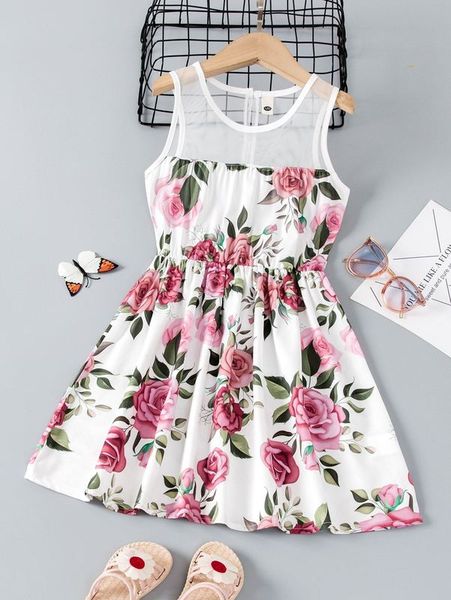 

toddler girls floral print contrast mesh dress she, Red;yellow