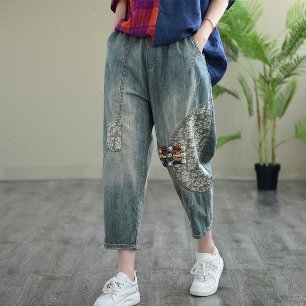 

women's jeans lamtrip vintage little flowers stitch chinese handmade buttons loose denim harem pants 2021 summer thin soft trousers, Blue