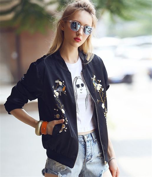 

wholesale- fashion bird plum flower embroidery womens bomber jacket baseball ladies pilots outerwear harajuku black coat, Black;brown