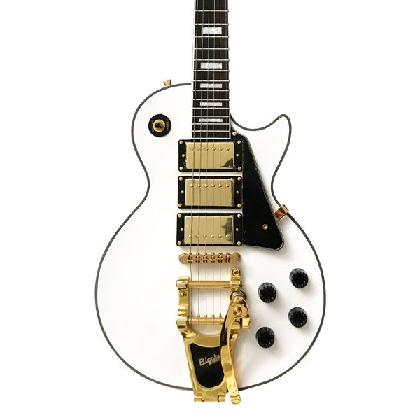 

custom lp electric guitar, gold hardware, 3 pickups, tremolo system, rosewood fingerboard, white solid mahogany body guitar
