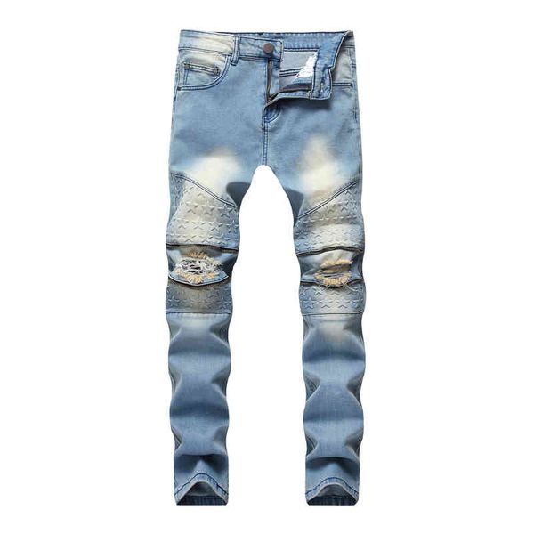 

style men's jeans elastic fashion high street with holes, Blue