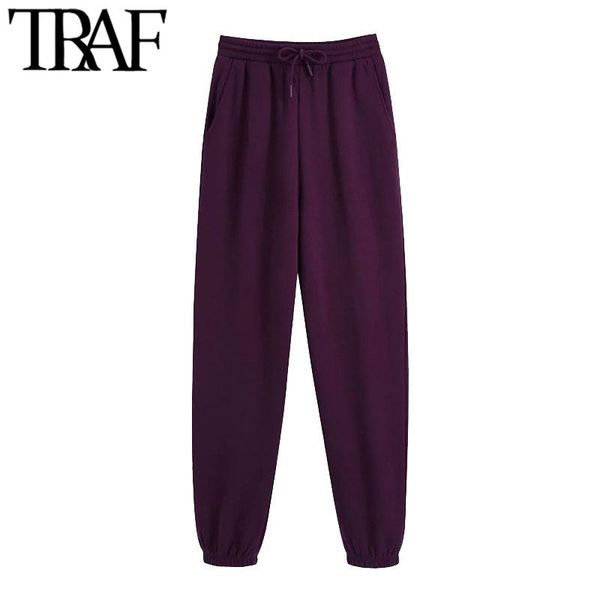 

women's pants & capris traf women chic fashion side pockets jogging vintage high elastic waist drawstring female ankle trousers mujer, Black;white