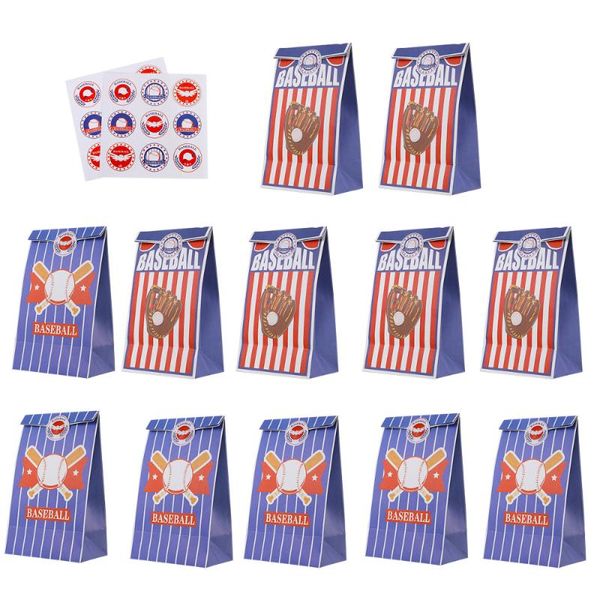 

gift wrap 1 set paper bag candy tote baseball themed (12 bags+18 stickers)