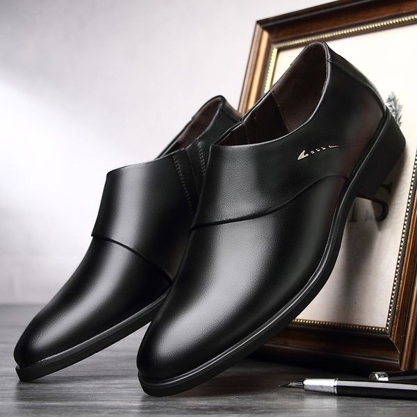 

Basic Men Dress Shoes Cow Split Leather Metal Decoration None Lace Slip-on Convenient Formal Suit Shoe Back to Work 2021, Black