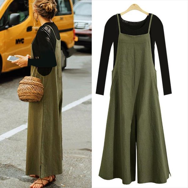 

plus size 3xl cotton pocket womens romper wide leg strappy dungaree bib overalls casual loose solid playsuit, Black;white