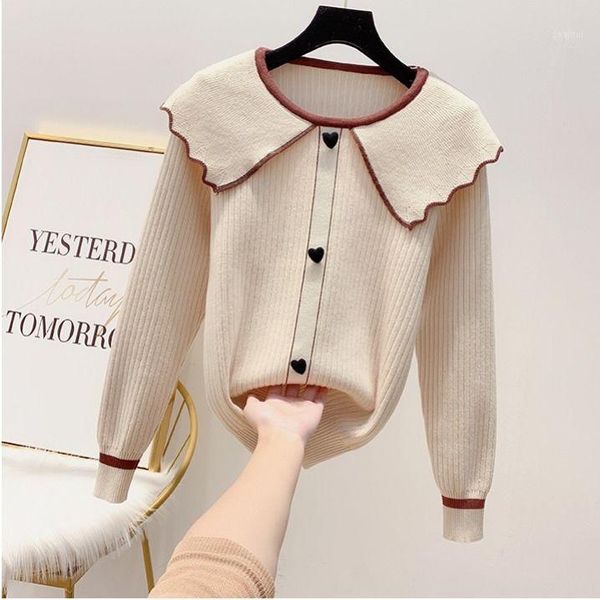 

neploe hit color o-neck ruffle patchwork sweater causal love heart button coat 2021 autumn knitted pullovers women 1g791 women's sweate, White;black