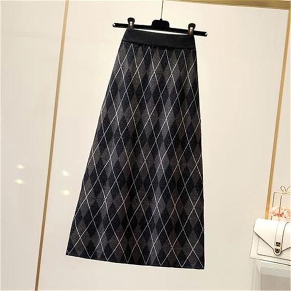 

skirts 2021 autumn and winter high waist slim knit skirt mid-length drape diamond plaid 3 colors available, Black