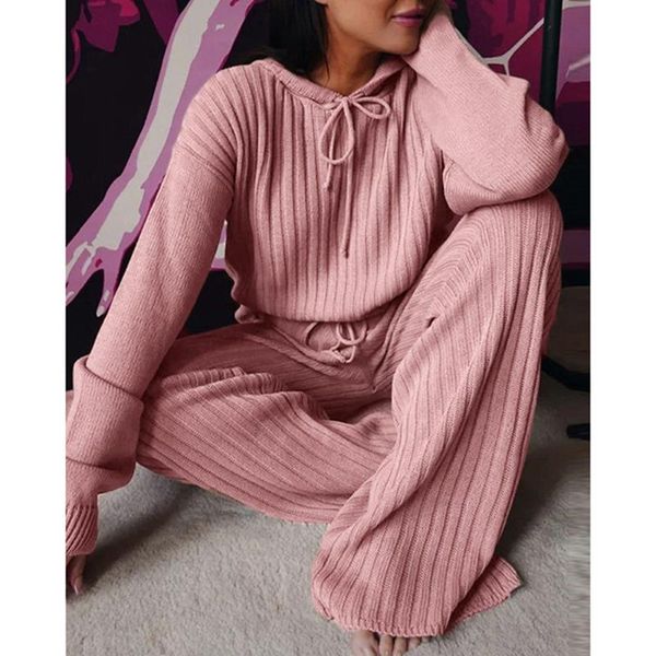 

women's two piece pants 2021 autumn winter knitted sweatershirt set women wide leg suit loose solid gray casual 2 tracksuit, White