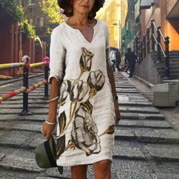 

elegant flower print dress summer fashion v-neck half sleeve midi dress ladies plus size a-line slim dresses vestidos, Black;gray