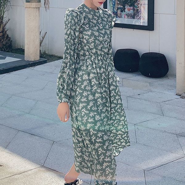 

2021 new women elegant korean long sleeve chiffon casual floral print pleated midi beach party dew rfbm, Black;gray