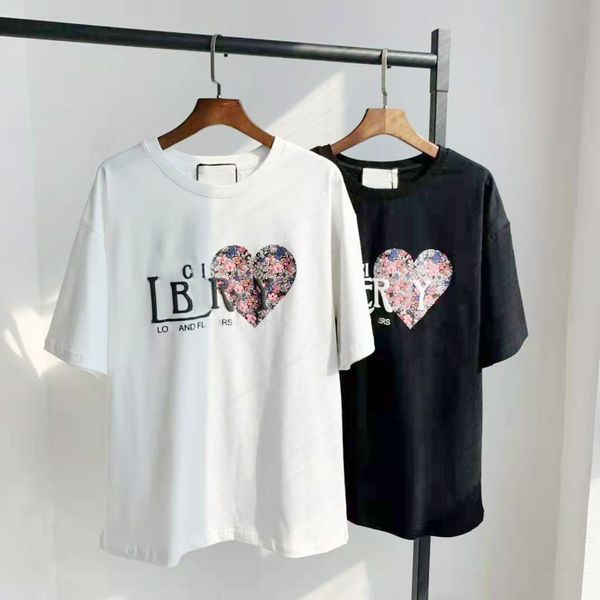 

chaopai gujia three-dimensional letter foam printing broken flower big love round neck short sleeve t-shirt for men and women, White