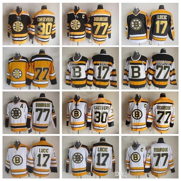 

men 77 ray bourque jerseys ice hockey 30 gerry cheevers 17 milan lucic boston bruins vintage jersey ccm 75th black white yellow, Black;red