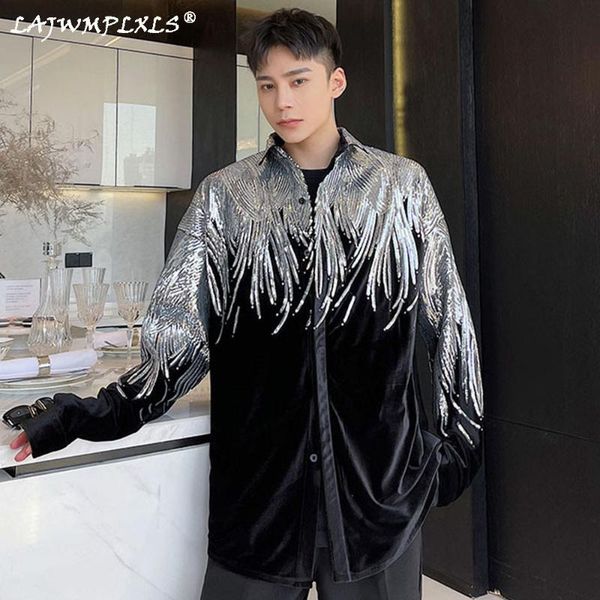 

men's casual shirts streetwear autumn winter sequins velvet fashionable temperament long sleeve lapel personal design oversized, White;black