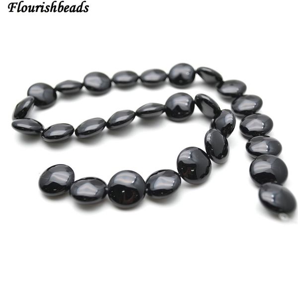 Natürlicher reiner schwarzer Onyx-Achat, flache runde Münze, glatter Stein, lose Perlen, 8 mm, 10 mm, 12 mm, 14 mm, 16 mm, 18 mm, 20 mm
