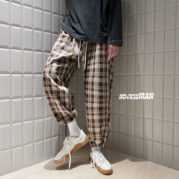 

2021 new autumn arrival korean black plaid casual mens streetwear pants male checkered trousers plus size hl8t