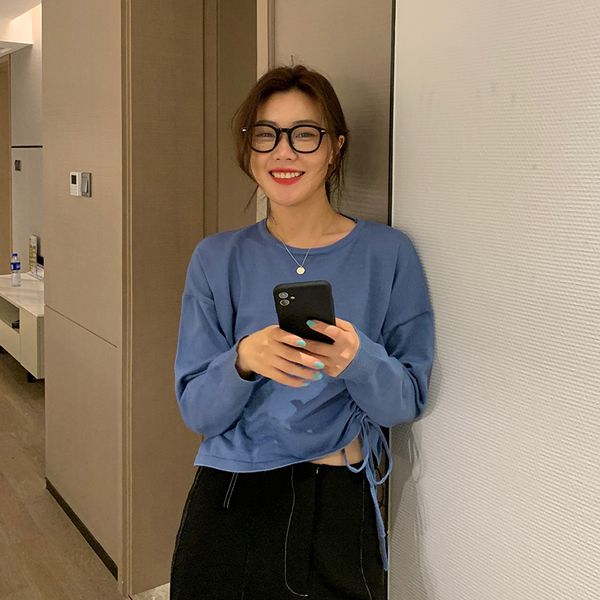 

2021 new 5 colors autumn korean style women o neck knit lace up long sleeve t-shirt womens short tees shirt femme(f6689) vvat, White