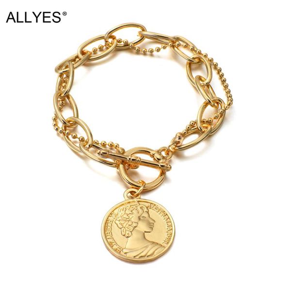 

charm bracelets allyes boho simple double layers beads chain for women queen portrait coin pendant bracelet jewelry, Golden;silver