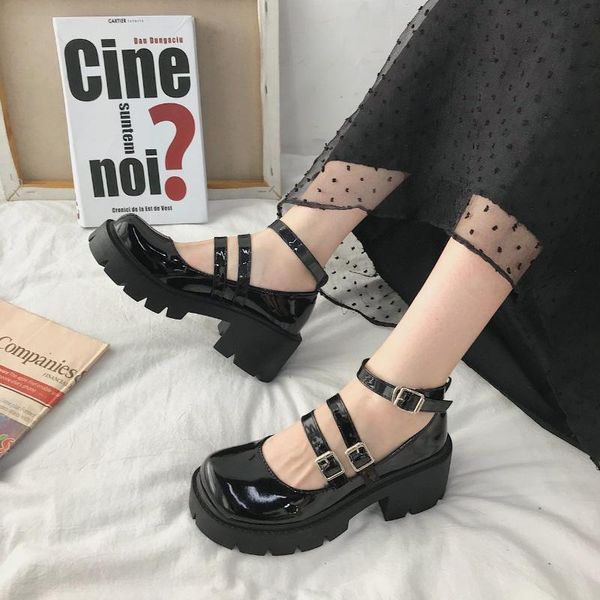

dress shoes 2021 vintage soft high heel buckle mary janes women's shallow mouth casual leather thick bottom, Black