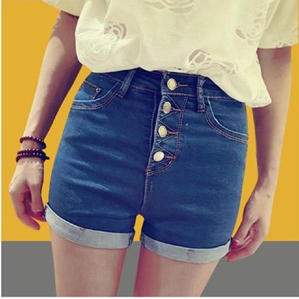 

women's jeans korean pockets button blue shorts women skinny mini mid waist summer casual female 2021