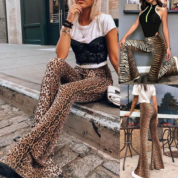 

casual pants leopard print women legging high waisted slim fit wide leg flare gothic leggins 2s24, Black