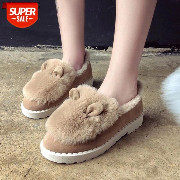 

lcizrong winter faux fur women warm casual flats rabbit ear cute snow flat shoes for female travel outdoor flat shoes #xl86, Black