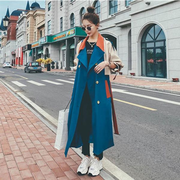 

streetwear trench 2021autumn korean version fashion women long coats patchwork female windbreaker belt casual retro overcoat, Tan;black