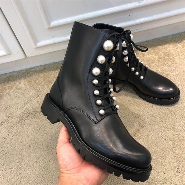 

boots faux-pearl embellishment black leather women biker lace up flat with zipper combat winter botas mujer 2021