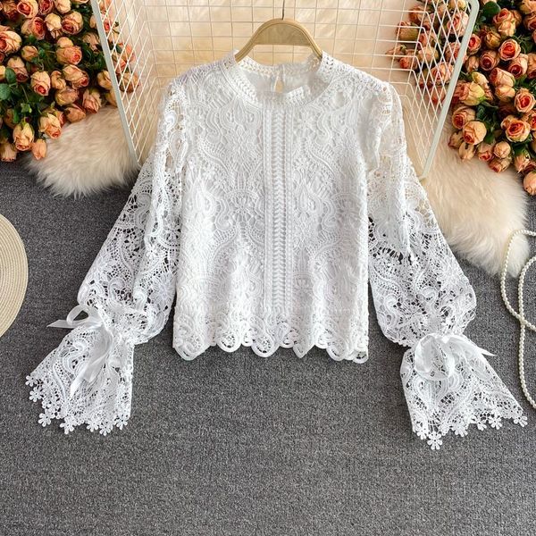 

women's blouses & shirts hollow out lace shirt flare long sleeve female stand collar spring and autumn round neck solid color ladies wo, White