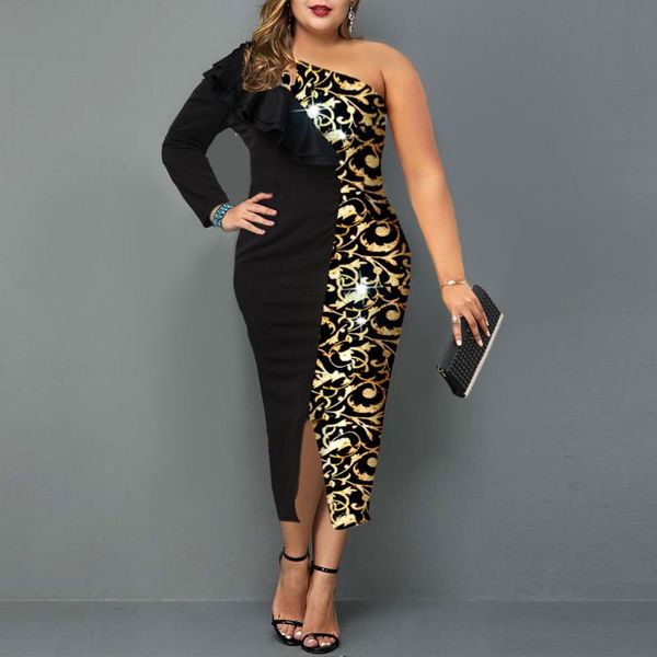 

plus size dresses dress 2021 autumn elegant one shoulder evening party ladies bronzing wedding clothing 4xl 5xl, Black