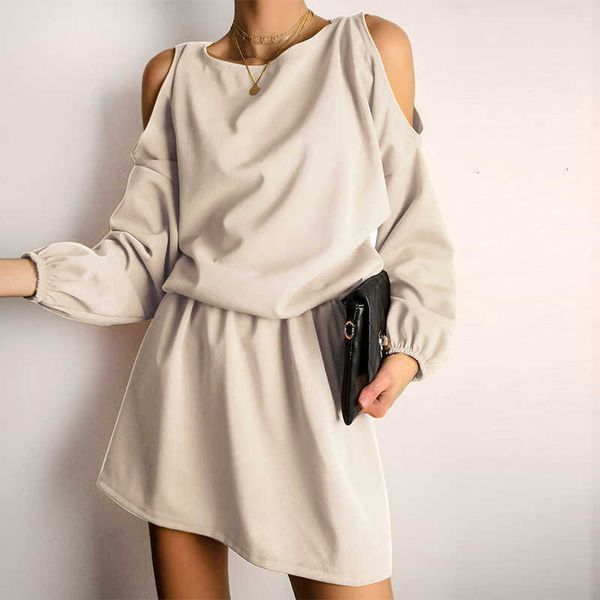 

casual dresses women's autumn off the shoulder midi winter solid round neck long sleeve office ladies es party vestidos n1wa, Black;gray