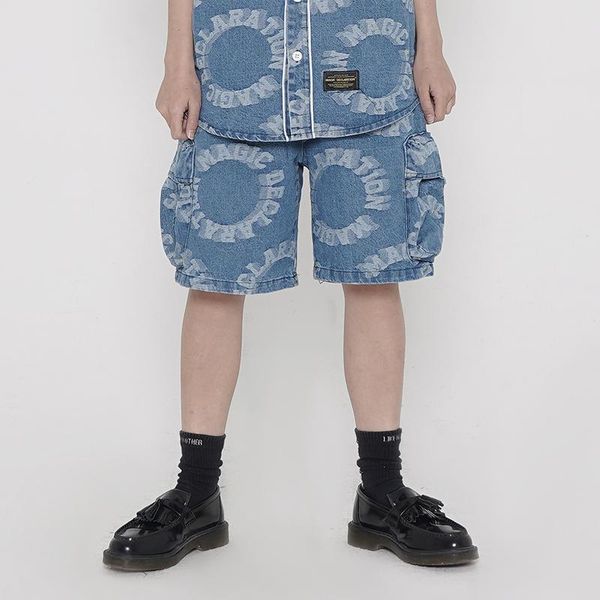 

side pockets letter print jeans shorts men and women high street ripped drawstring casual short oversize hip hop five point pant, White;black