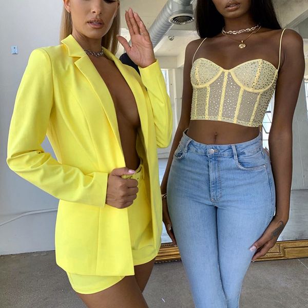 

women's solid color set long suit jacket shorts 2pcs clothes casual loose lapel neck low-cut suits ladies two-piece set 004456, White