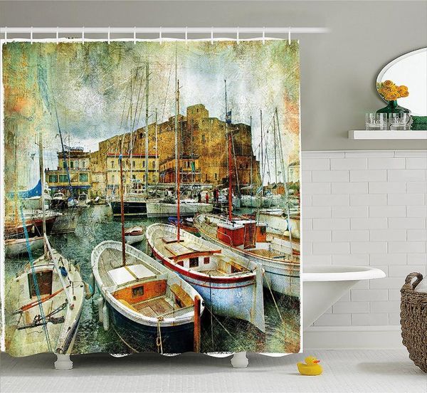 

shower curtains marine curtain naples small boats at historical italian coast with heritage castle nautical artwork bathroom