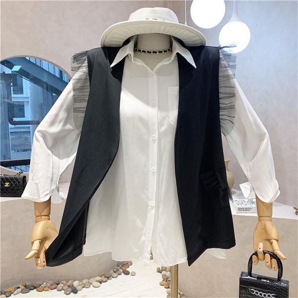 

women's vests clothing summer 2021 fashion lapel shirt suit splicing mesh design sense two-piece vest, Black;white