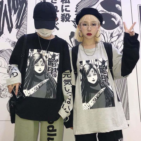 

nicemix harajuku sweatshirt women patchwork pullovers japanese anime print comics jumpers fake 2 pieces woman streetwear, Black