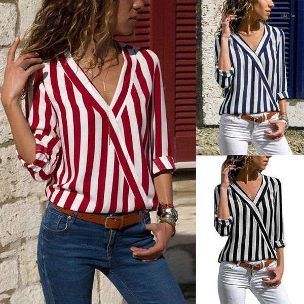 

plus size women casual v-neck shirts office stripes long sleeve blouse 2021 autumn womens blouses and women's &, White