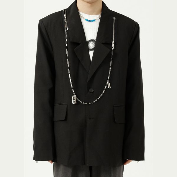 

men's suits & blazers men clothing oversize chain zipper loose casual streetwear fashion hip hop jacket male korean youth style coat 7h, White;black