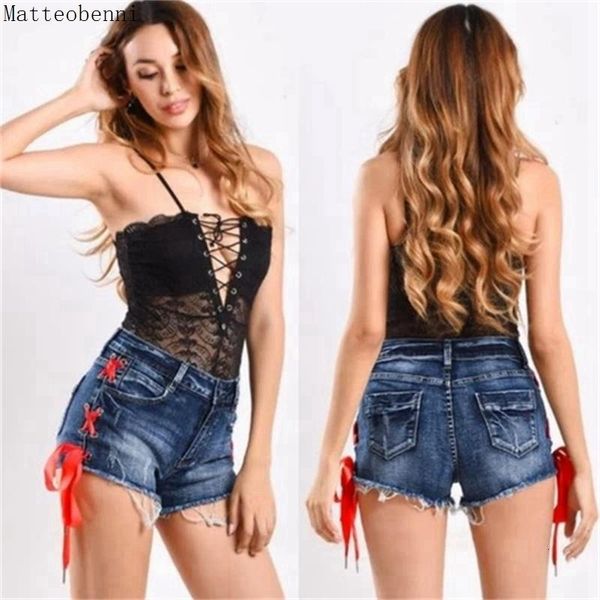 

2021 new fashion lace-up tassel denim summer street casual jean shorts high waist pocket women hole short jeans 90ow, White;black