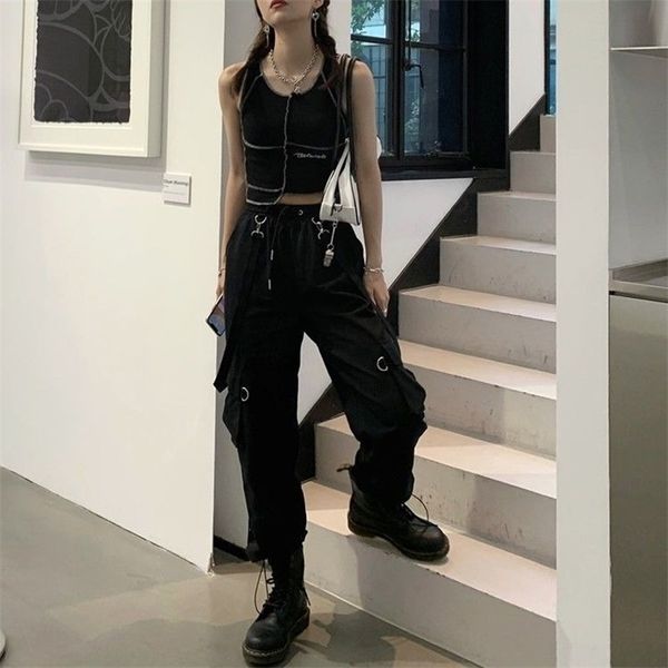 

houzhou harajuku gothic jogging cargo pants women streetwear black high waist oversized goth casual wide leg trousers for female 211115, Black;white