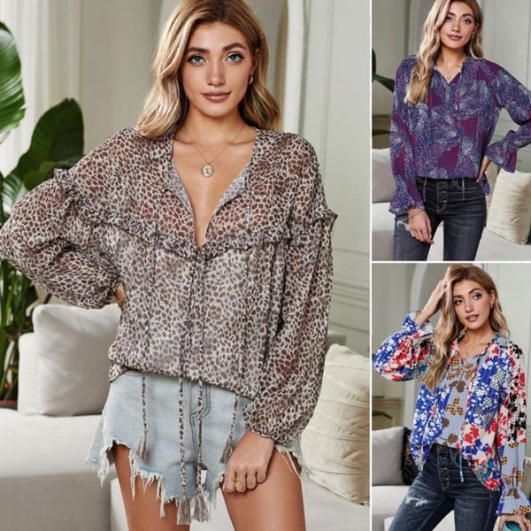 

women's blouses & shirts 2021 autumn loose fashion lantern sleeve v-neck pullover ladies shirt retro print blouse women pl, White