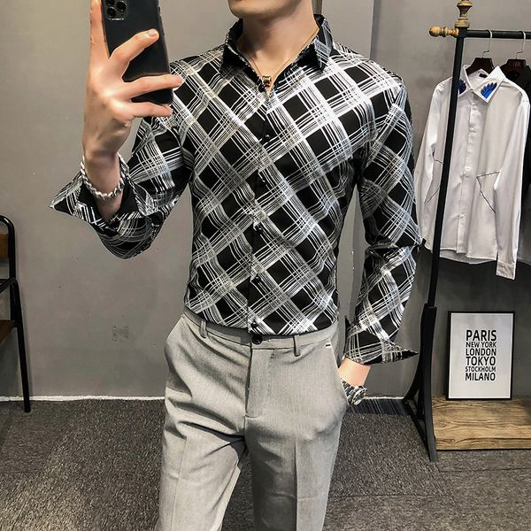 

of fashion 2021 new spring skinny fit chess shirts men's clothes streetwear casual sleeve long gentlemen tuxedo 3xl lhyp, White;black