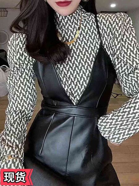 

casual dresses dign sense of minority french bubble long sleeve bottomed shirt leather skirt suspender two-piece suit, Black;gray